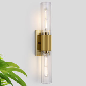 LIBOZMKO Bathroom Sconces Wall Lighting, 21" Bathroom Vanity Light Fixtures 2-Light Gold Vanity Light with Clear Shade Modern Wall Sconce for Mirror Living Room Bedroom Hallway E26 T10 Bulbs
