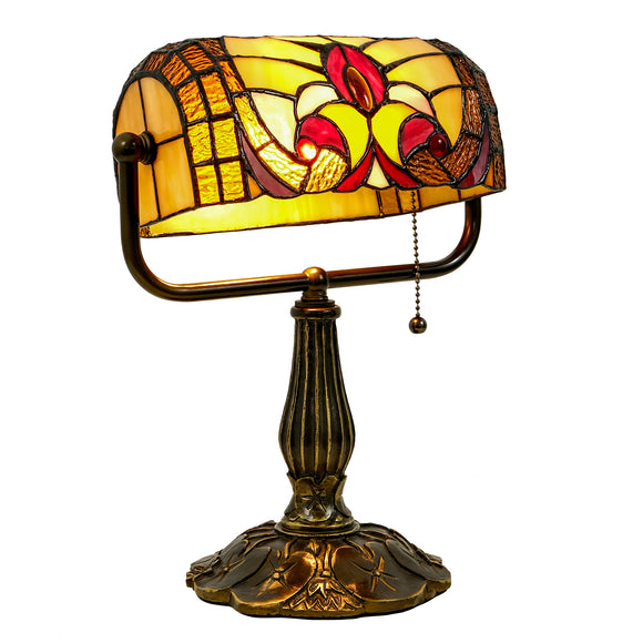 LIBOZMKO Tiffany Style Bankers Lamp - Stained Glass Desk Lamps with Baroque Design & Pull Chain, Stained Glass Lamp Bulb Included Vintage Bankers Desk Light for Office Bedroom Nightstand Living Room
