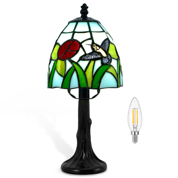LIBOZMKO Tiffany Style Table Lamp - 6 Inch Stained Glass Table Lamps with Hummingbird & Flower, Vintage Tiffany Style Bedside Lamp, Small Desk Light with LED Bulb for Home Decor Ideal Gifts for Family Friends