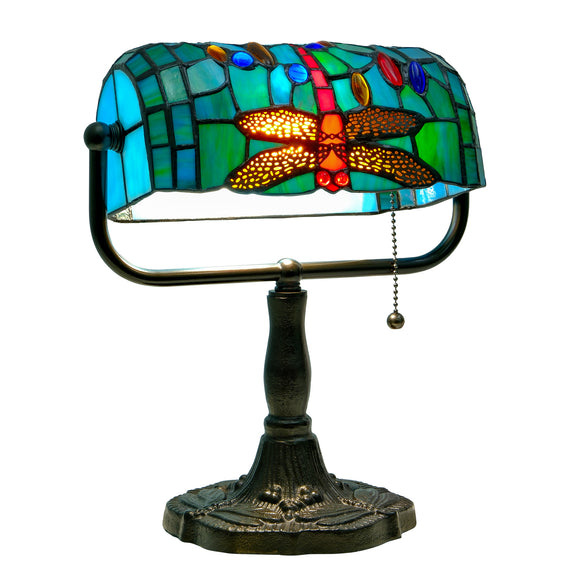 LIBOZMKO Vintage Tiffany Style Bankers Lamp - Stained Glass Desk Lamp with Pull Chain, Dragonfly Design Table or Desk Light LED Bulb Included, Bankers Desk Lamps for Office Living Room Study Room