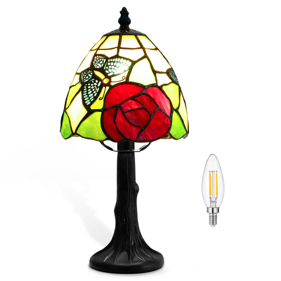 LIBOZMKO Tiffany Style Lamp Stained Glass Table Lamp - Antique Butterfly & Rose Design Vintage Desk Lamps for Bedroom Decor Study Bookcase Office Desk Light, Birthday Gifts for Mom Women (Bulb Included)