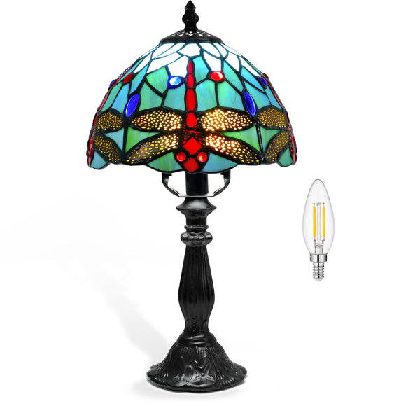 LIBOZMKO Tiffany Style Lamp Dragonfly Stained Glass Table Lamps 8 Inch, Vintage Desk Lamp with LED Bulb,  Desk Reading Light for Bedroom Living Room Office Decor Table Light for Bedside Nightstand Gift
