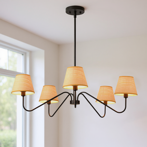 LIBOZMKO Boho Rattan Chandelier for Dining Room, 34" 5-Light Rustic Pendant Light Fixtures for Kitchen Island Adjustable Pendant Lighting Black Chandelier for Kitchen Island Dining Room Living Room