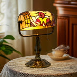 LIBOZMKO Tiffany Style Bankers Lamp - Stained Glass Desk Lamps with Baroque Design & Pull Chain, Stained Glass Lamp Bulb Included Vintage Bankers Desk Light for Office Bedroom Nightstand Living Room