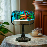 LIBOZMKO Vintage Tiffany Style Bankers Lamp - Stained Glass Desk Lamp with Pull Chain, Dragonfly Design Table or Desk Light LED Bulb Included, Bankers Desk Lamps for Office Living Room Study Room