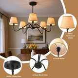 LIBOZMKO Boho Rattan Chandelier for Dining Room, 34" 5-Light Rustic Pendant Light Fixtures for Kitchen Island Adjustable Pendant Lighting Black Chandelier for Kitchen Island Dining Room Living Room