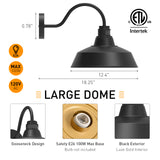 XIFEINIU 12.4" Dome Gooseneck Barn Light, Outdoor Anti-Rust&Waterproof Farmhouse Wall Sconce, Outdoor Wall Lanterns for Porch/Patio, E26 Base 100W Max(Black 2-Pack Motion Sensor Outdoor Lights)