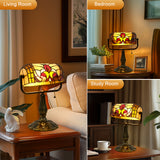 LIBOZMKO Tiffany Style Bankers Lamp - Stained Glass Desk Lamps with Baroque Design & Pull Chain, Stained Glass Lamp Bulb Included Vintage Bankers Desk Light for Office Bedroom Nightstand Living Room