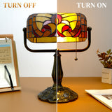 LIBOZMKO Tiffany Style Bankers Lamp - Stained Glass Desk Lamps with Baroque Design & Pull Chain, Stained Glass Lamp Bulb Included Vintage Bankers Desk Light for Office Bedroom Nightstand Living Room