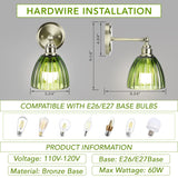 Battery Operated Wall Sconce with Remote Bulb, Plug-in or Hardwired, Rechargeable 3-Color Temperature Bulb (3000K/4000K/6500K), Vintage Green Glass Shade for Bedroom, Living Room(Oval 1-Pack)