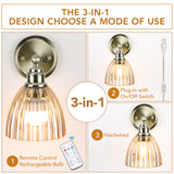 Battery Operated Wall Sconce with Remote Bulb, Plug-in or Hardwired, Rechargeable 3-Color Temperature Bulb (3000K/4000K/6500K), Vintage Amber Glass Shade for Bedroom, Living Room(Oval 1-Pack)