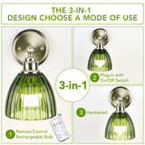 Battery Operated Wall Sconce with Remote Bulb, Plug-in or Hardwired, Rechargeable 3-Color Temperature Bulb (3000K/4000K/6500K), Vintage Green Glass Shade for Bedroom, Living Room(Oval 1-Pack)