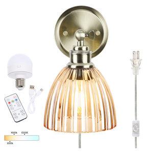 Battery Operated Wall Sconce with Remote Bulb, Plug-in or Hardwired, Rechargeable 3-Color Temperature Bulb (3000K/4000K/6500K), Vintage Amber Glass Shade for Bedroom, Living Room(Oval 1-Pack)