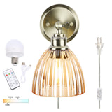 Battery Operated Wall Sconce with Remote Bulb, Plug-in or Hardwired, Rechargeable 3-Color Temperature Bulb (3000K/4000K/6500K), Vintage Amber Glass Shade for Bedroom, Living Room(Oval 1-Pack)