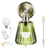 Battery Operated Wall Sconce with Remote Bulb, Plug-in or Hardwired, Rechargeable 3-Color Temperature Bulb (3000K/4000K/6500K), Vintage Green Glass Shade for Bedroom, Living Room(Trapezoid 1-Pack)