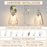 Battery Operated Wall Sconce with Remote Bulb, Plug-in or Hardwired, Rechargeable 3-Color Temperature Bulb (3000K/4000K/6500K), Vintage Amber Glass Shade for Bedroom, Living Room(Trapezoid 1-Pack)