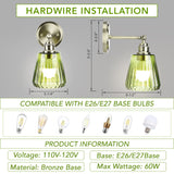 Battery Operated Wall Sconce with Remote Bulb, Plug-in or Hardwired, Rechargeable 3-Color Temperature Bulb (3000K/4000K/6500K), Vintage Green Glass Shade for Bedroom, Living Room(Trapezoid 1-Pack)
