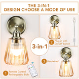 Battery Operated Wall Sconce with Remote Bulb, Plug-in or Hardwired, Rechargeable 3-Color Temperature Bulb (3000K/4000K/6500K), Vintage Amber Glass Shade for Bedroom, Living Room(Trapezoid 1-Pack)