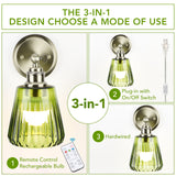 Battery Operated Wall Sconce with Remote Bulb, Plug-in or Hardwired, Rechargeable 3-Color Temperature Bulb (3000K/4000K/6500K), Vintage Green Glass Shade for Bedroom, Living Room(Trapezoid 1-Pack)