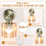 Battery Operated Wall Sconce with Remote Bulb, Plug-in or Hardwired, Rechargeable 3-Color Temperature Bulb (3000K/4000K/6500K), Vintage Amber Glass Shade for Bedroom, Living Room(Cylinder 1-Pack)