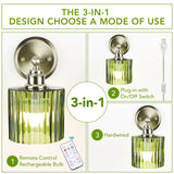 Battery Operated Wall Sconce with Remote Bulb, Plug-in or Hardwired, Rechargeable 3-Color Temperature Bulb (3000K/4000K/6500K), Vintage Green Glass Shade for Bedroom, Living Room(Cylinder 1-Pack)
