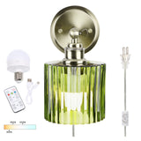 Battery Operated Wall Sconce with Remote Bulb, Plug-in or Hardwired, Rechargeable 3-Color Temperature Bulb (3000K/4000K/6500K), Vintage Green Glass Shade for Bedroom, Living Room(Cylinder 1-Pack)