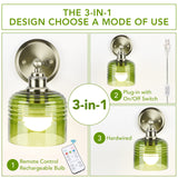 Battery Operated Wall Sconce with Remote Bulb, Plug-in or Hardwired, Rechargeable 3-Color Temperature Bulb (3000K/4000K/6500K), Vintage Green Glass Shade for Bedroom, Living Room(Bowl 1-Pack)