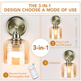 Battery Operated Wall Sconce with Remote Bulb, Plug-in or Hardwired, Rechargeable 3-Color Temperature Bulb (3000K/4000K/6500K), Vintage Amber Glass Shade for Bedroom, Living Room(Bowl 1-Pack)