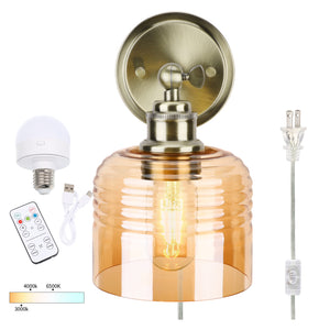 Battery Operated Wall Sconce with Remote Bulb, Plug-in or Hardwired, Rechargeable 3-Color Temperature Bulb (3000K/4000K/6500K), Vintage Amber Glass Shade for Bedroom, Living Room(Bowl 1-Pack)