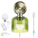 Battery Operated Wall Sconce with Remote Bulb, Plug-in or Hardwired, Rechargeable 3-Color Temperature Bulb (3000K/4000K/6500K), Vintage Green Glass Shade for Bedroom, Living Room(Bowl 1-Pack)