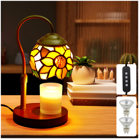 XIFEINIU Candle Warmer Lamp with Timer Dimmer, Adjustable Height Tiffany Sunflower Style Stained Glass Lamp Candle Warmer with 2 Bulbs, Mother's Day Birthday Gifts Women New Home Bedroom Decor for Jar Candles