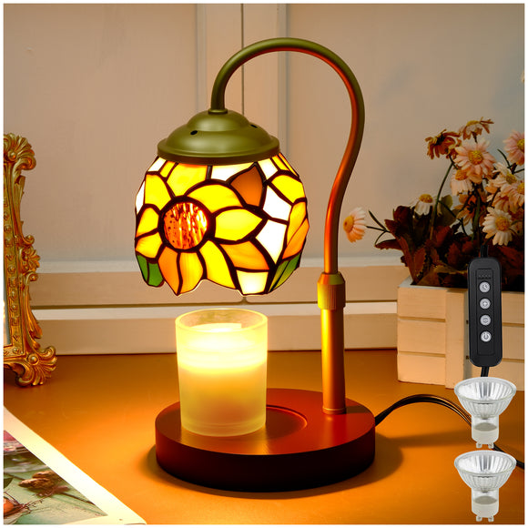 LIBOZMKO Candle Warmer Lamp - Electric Candle Lamps Timer Dimmer, Sunflower Tiffany Style Stained Glass Candle Warming Lamp Compatible with Jar Candles Gifts for Mom Women Friend
