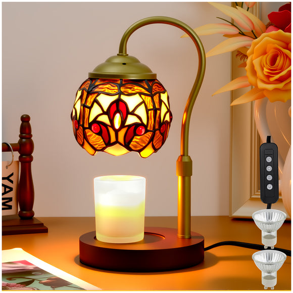 LIBOZMKO Tiffany Style Candle Warmer Lamp with Timer, Dimmable Stained Glass Candle Lamp Warmer, Birthday Gifts for Mom Women Friend Sister Glass Vintage Candle Lamps with 2 Bulbs for Home Deco