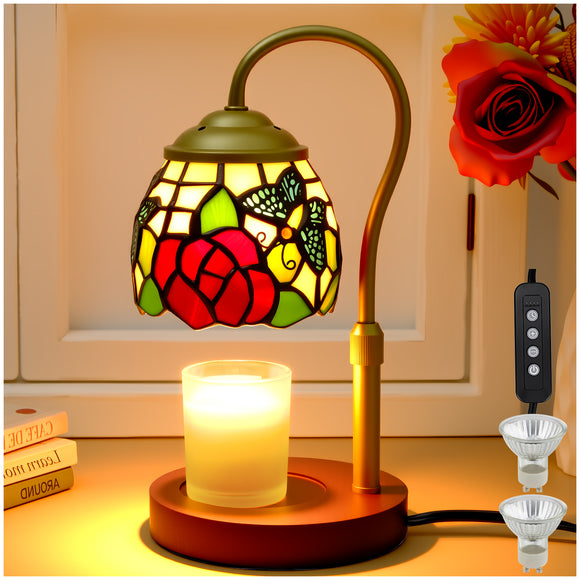 LIBOZMKO Candle Warmer Lamp with Timer Dimmer, Butterfly&Rose Tiffany Style Stained Glass Candle Lamp Warmer