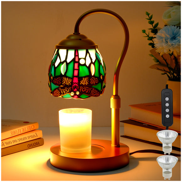 LIBOZMKO Tiffany Style Candle Warmer Lamp with Timer, Dimmable Dragonfly Stained Glass Candle Lamp Warmer,  Vintage Candle Light for Scented Candles with 2 Bulbs
